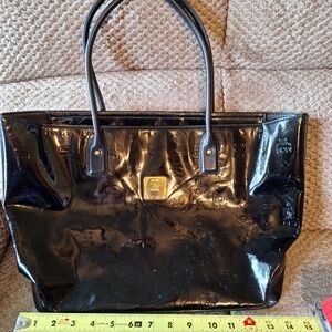 MCM Black Patent Leather Tote With Gold Hardware and Emblems